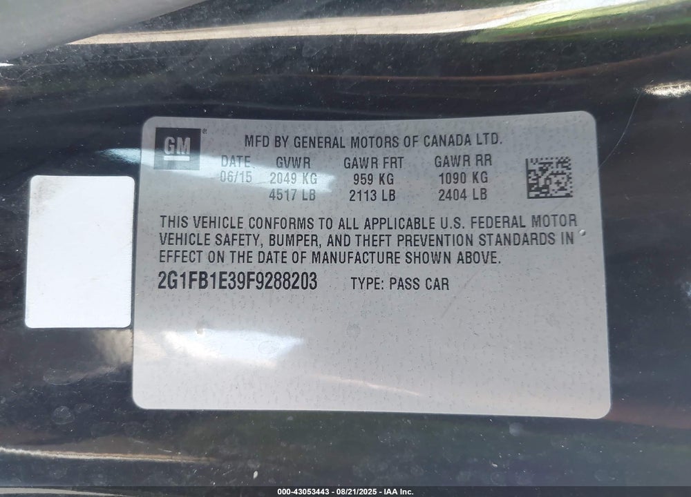 2015 CHEVROLET CAMARO VIN: 2G1FB1E39F9288203