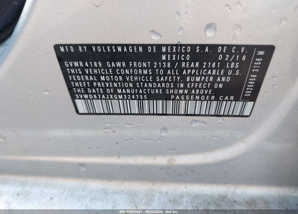 2016 VOLKSWAGEN JETTA VIN: 3VWD67AJXGM324755