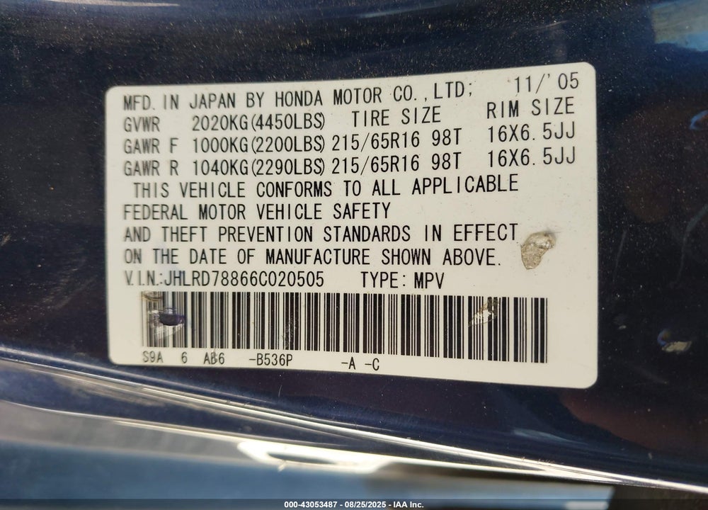 2006 HONDA CR-V EX VIN: JHLRD78866C020505