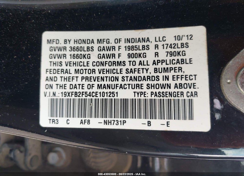 2012 HONDA CIVIC VIN: 19XFB2F54CE101251