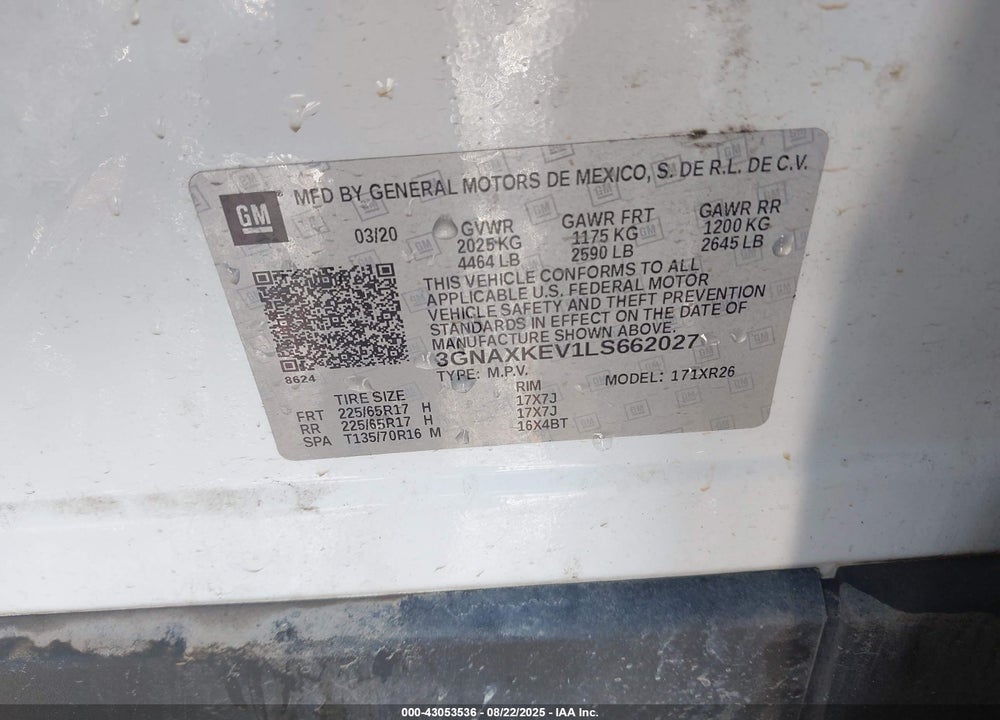 2020 CHEVROLET EQUINOX VIN: 3GNAXKEV1LS662027
