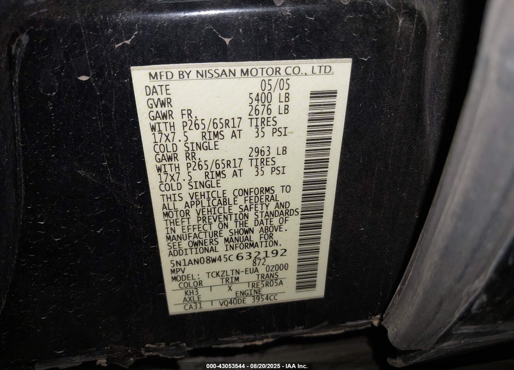 2005 NISSAN XTERRA SE VIN: 5N1AN08W45C632192