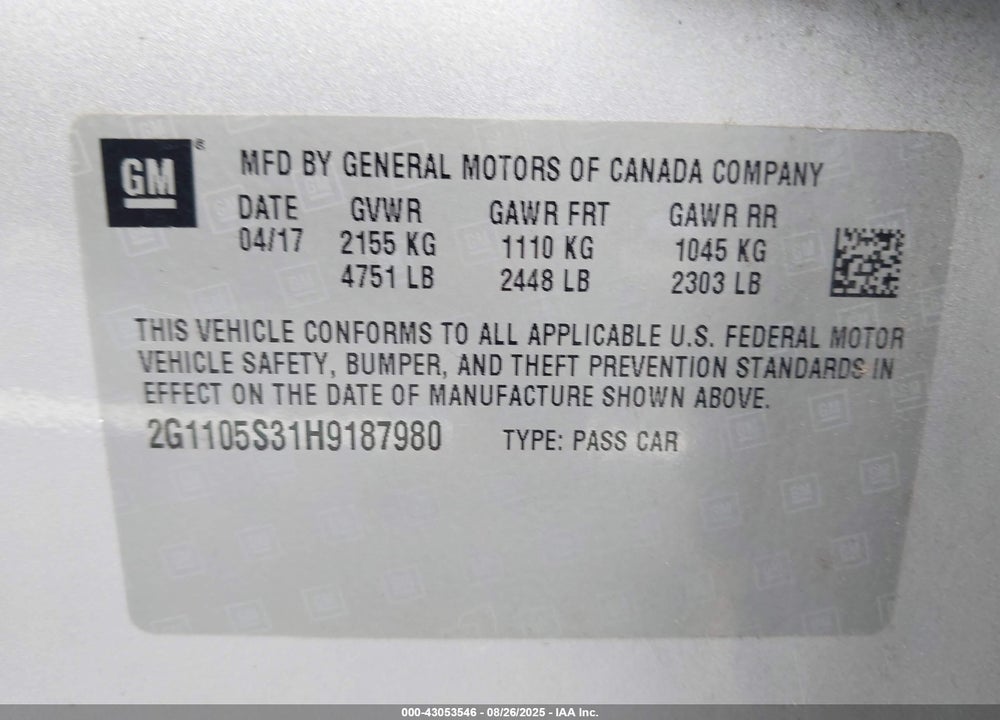 2017 CHEVROLET IMPALA 1LT VIN: 2G1105S31H9187980