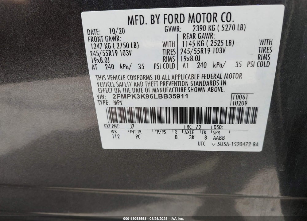 2020 FORD EDGE VIN: 2FMPK3K96LBB35911