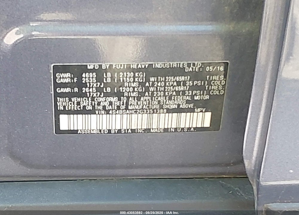 2016 SUBARU OUTBACK VIN: 4S4BSAHC2G3351388