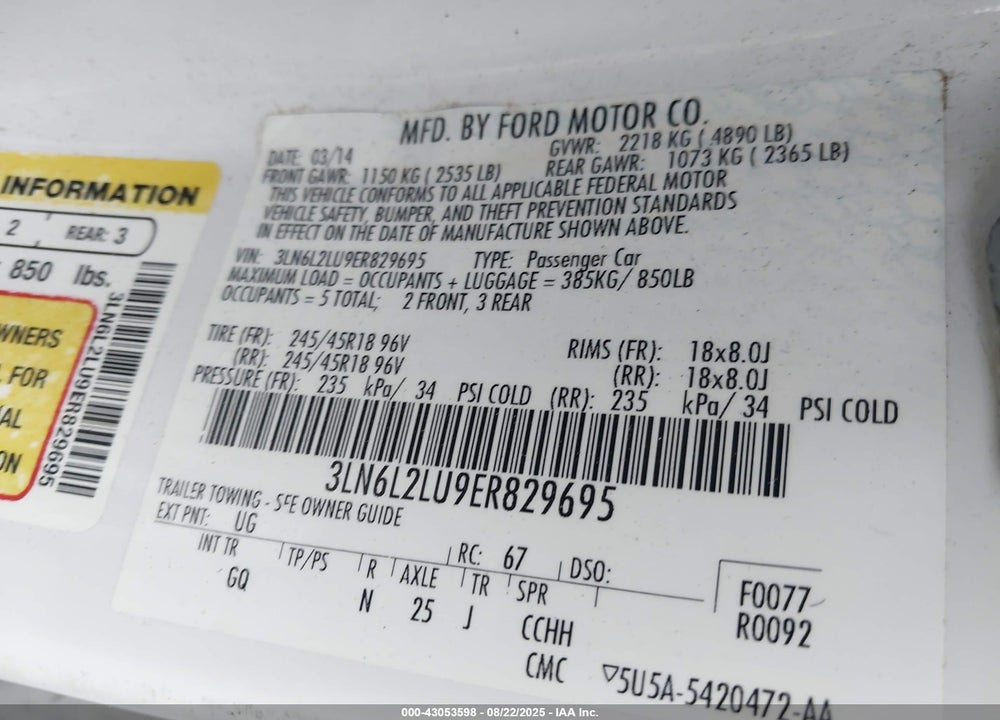 2014 LINCOLN MKZ VIN: 3LN6L2LU9ER829695