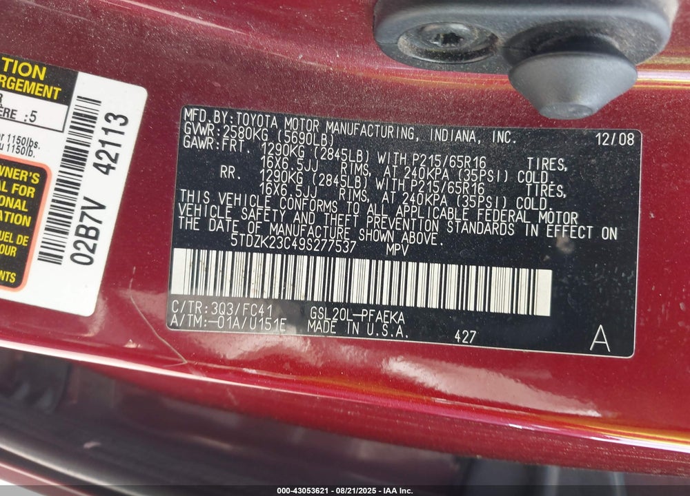 2009 TOYOTA SIENNA LE VIN: 5TDZK23C49S277537
