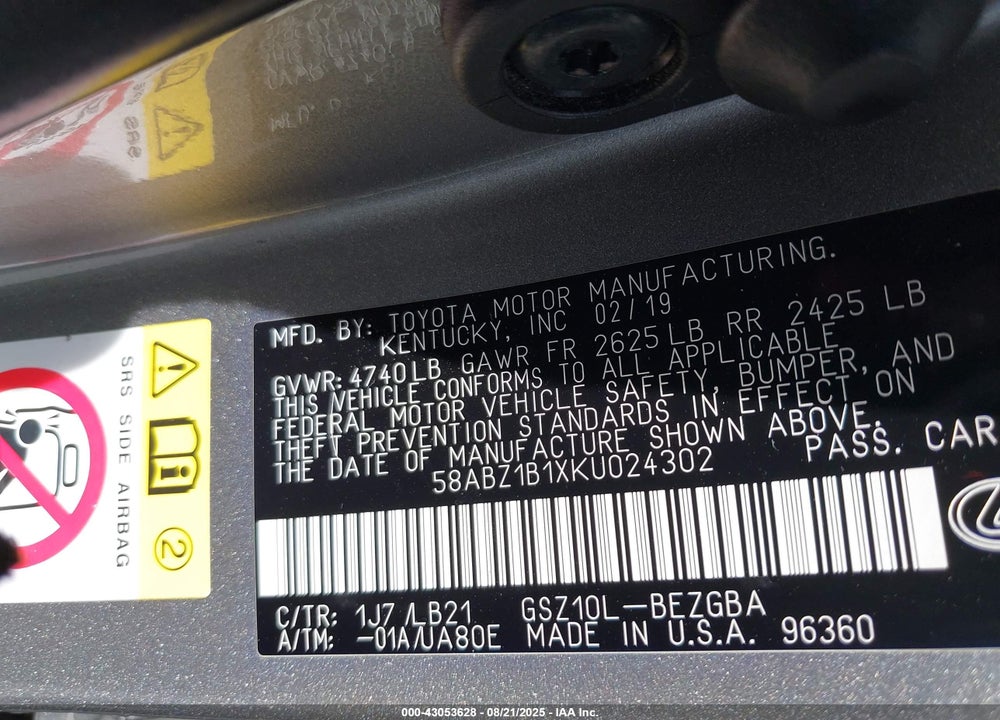 2019 LEXUS ES 350 VIN: 58ABZ1B1XKU024302