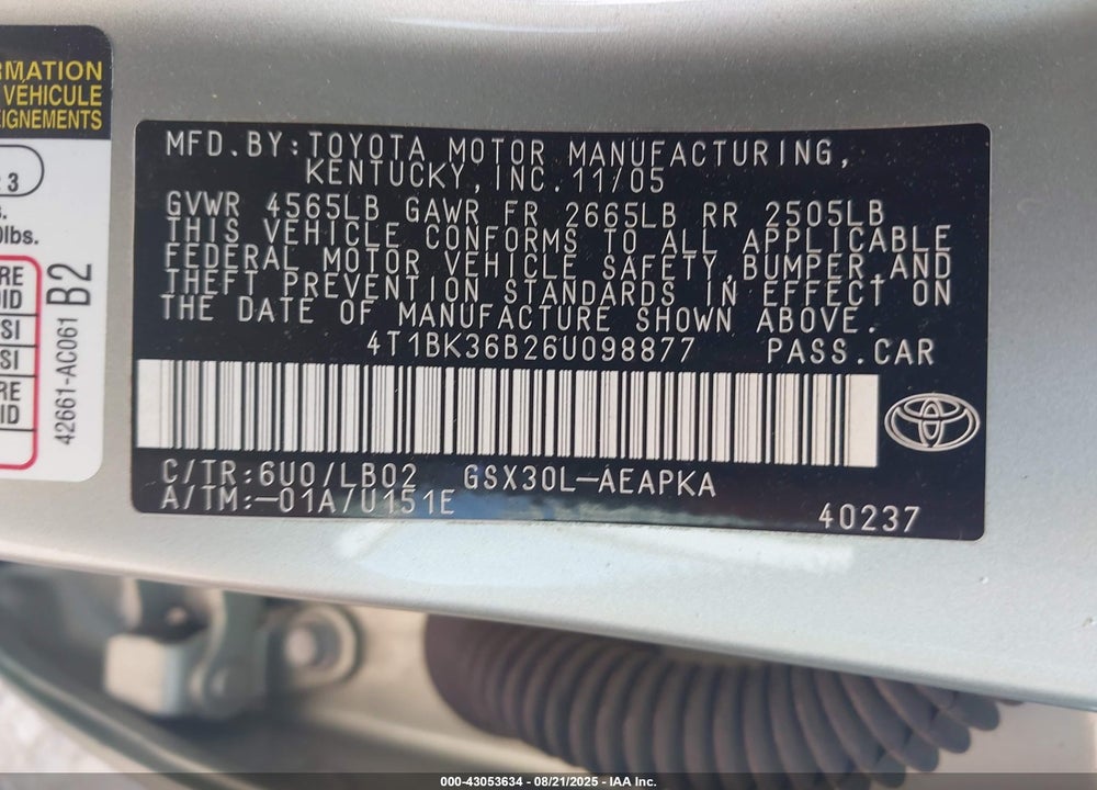 2006 TOYOTA AVALON VIN: 4T1BK36B26U098877