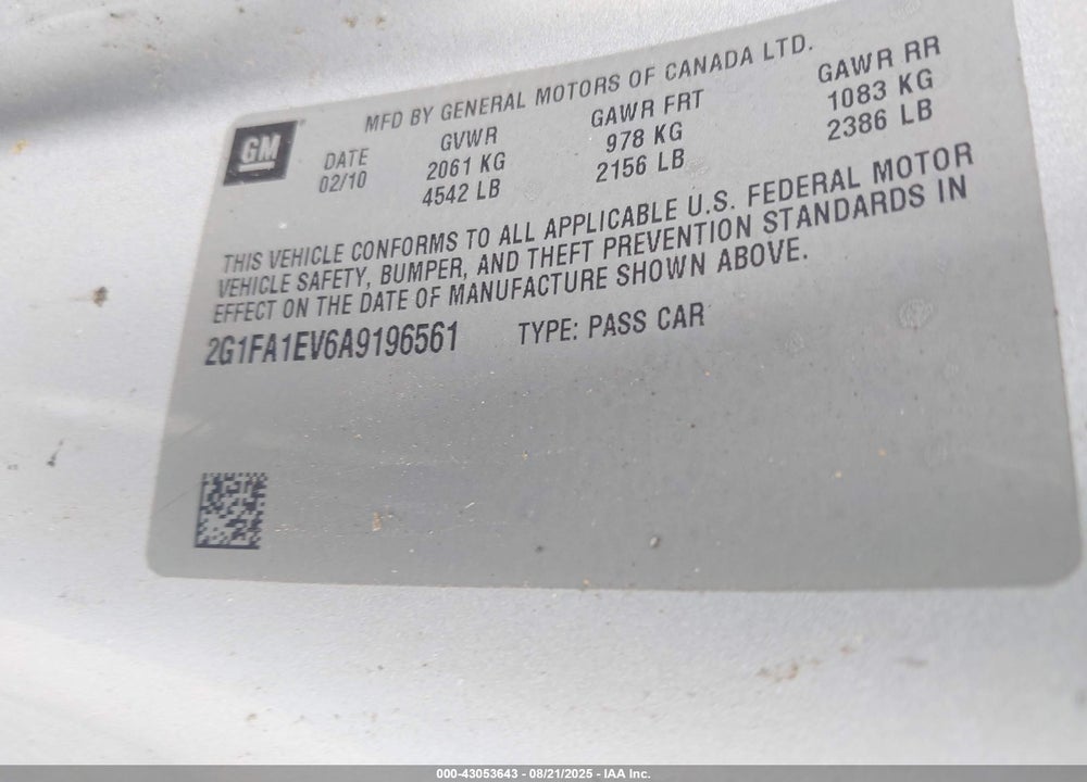 2010 CHEVROLET CAMARO VIN: 2G1FA1EV6A9196561