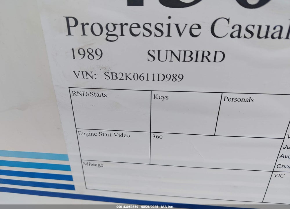 1989 SUNBIRD BOAT VIN: SB2K0611D989