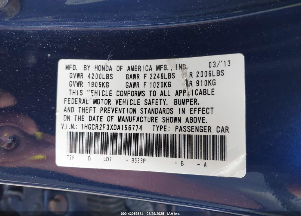 2013 HONDA ACCORD VIN: 1HGCR2F3XDA156774