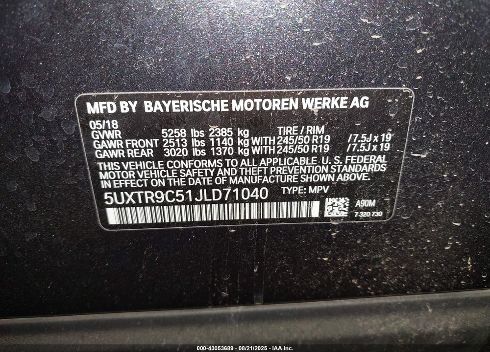 2018 BMW X3 VIN: 5UXTR9C51JLD71040