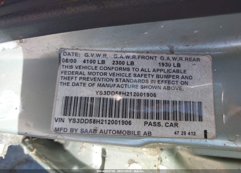 2001 SAAB 9 3 VIN: YS3DD58H212001906