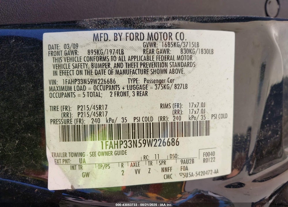 2009 FORD FOCUS SES VIN: 1FAHP33N59W226686