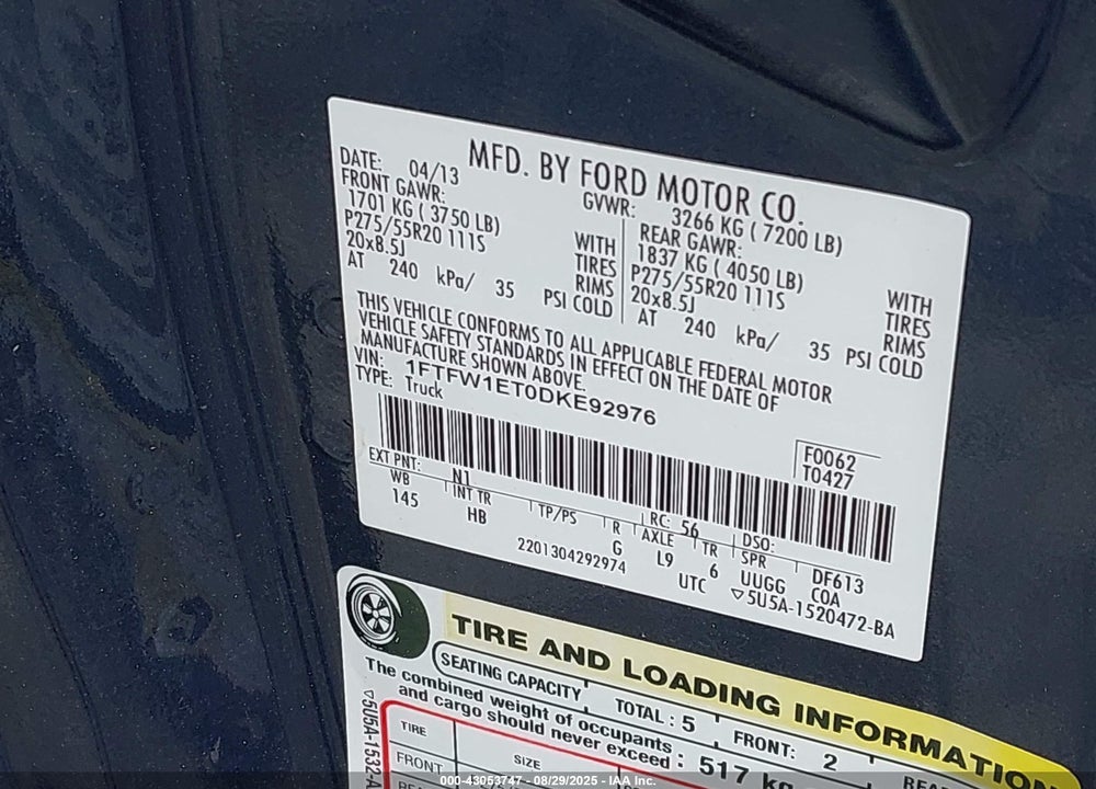 2013 FORD F-150 VIN: 1FTFW1ET0DKE92976