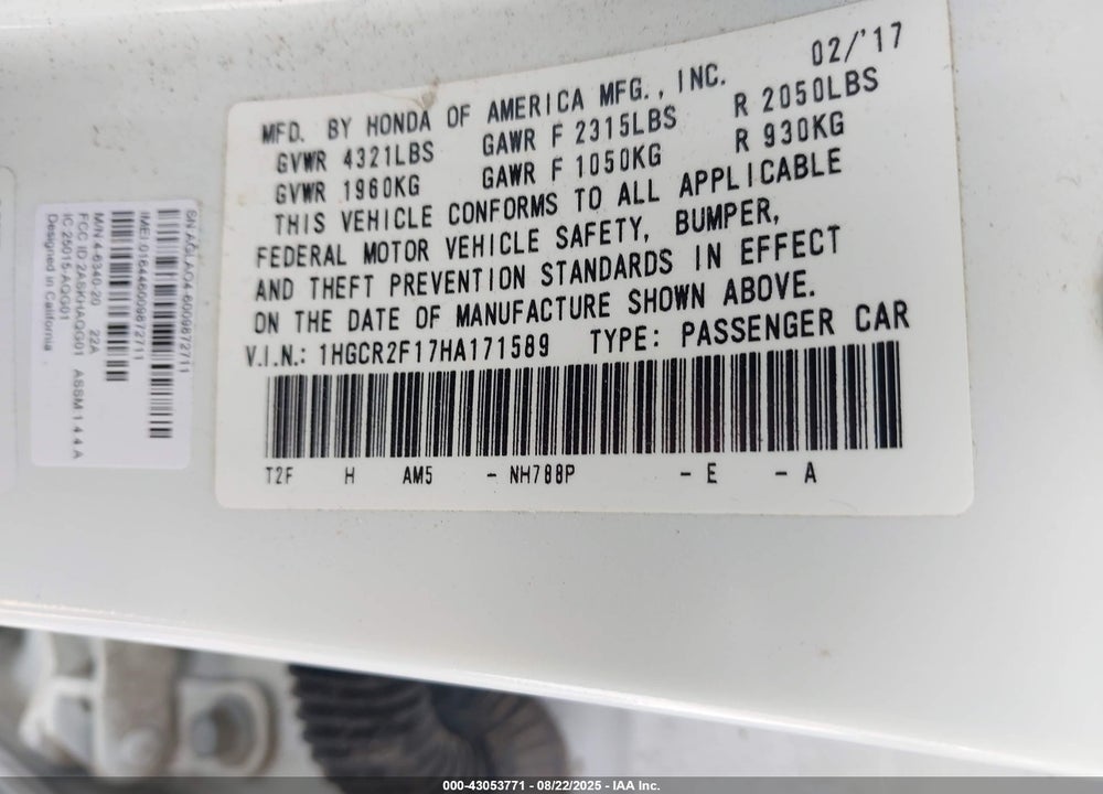 2017 HONDA ACCORD VIN: 1HGCR2F17HA171589
