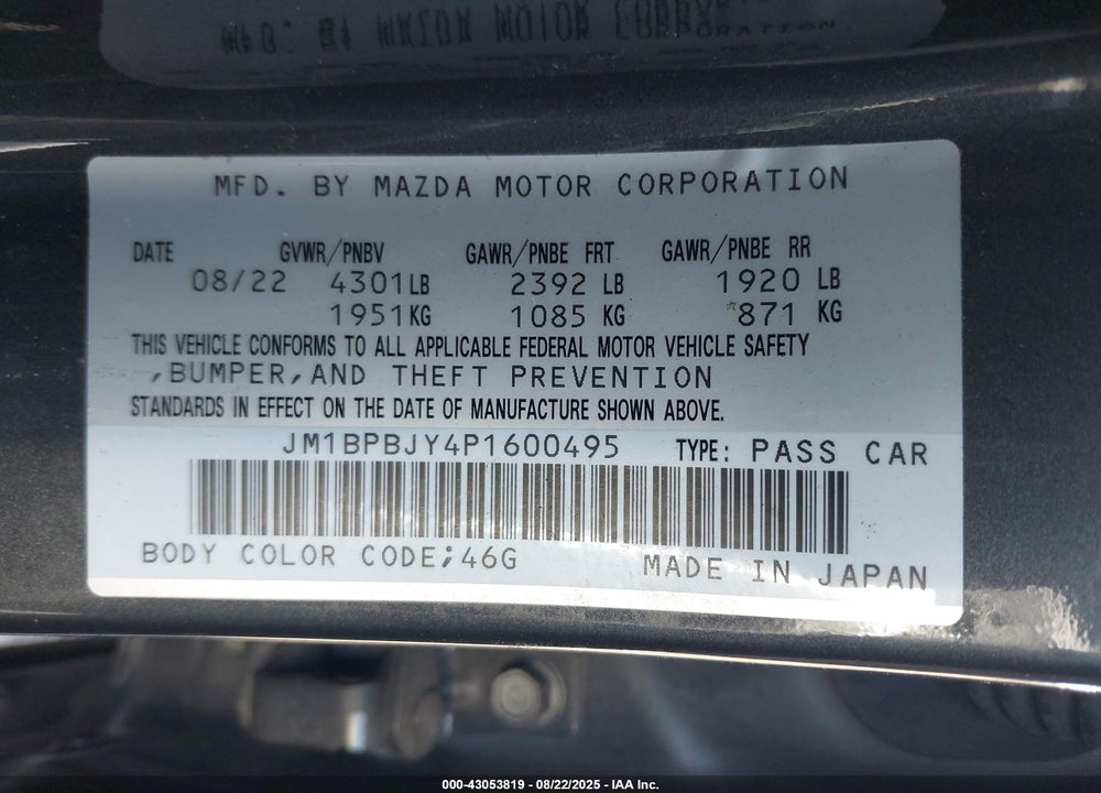 2023 MAZDA 3 VIN: JM1BPBJY4P1600495