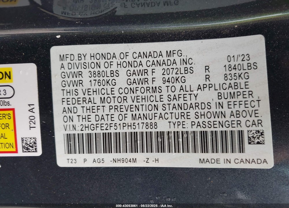 2023 HONDA CIVIC VIN: 2HGFE2F51PH517888