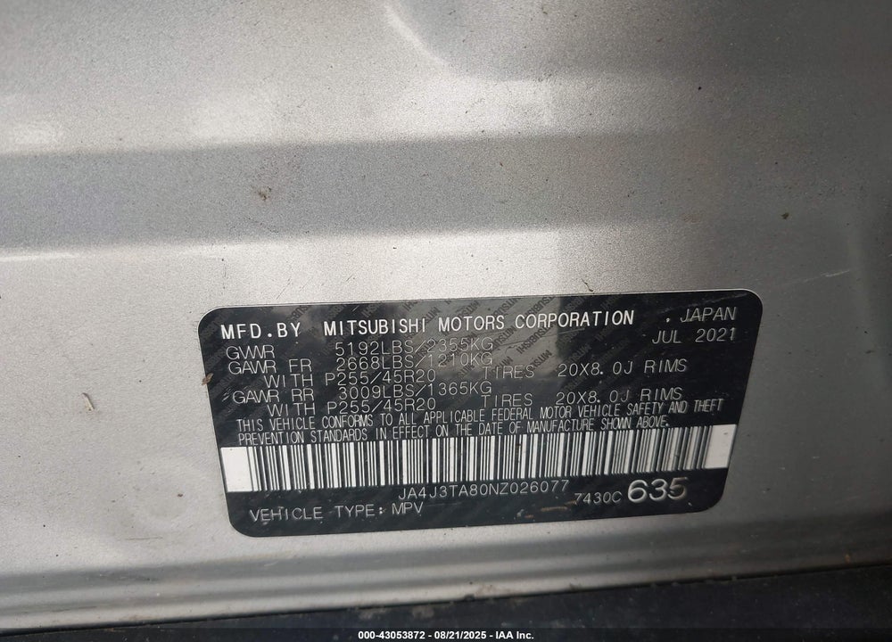 2022 MITSUBISHI OUTLANDER VIN: JA4J3TA80NZ026077