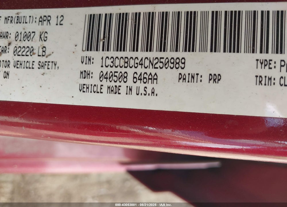 2012 CHRYSLER 200 LIMITED VIN: 1C3CCBCG4CN250989