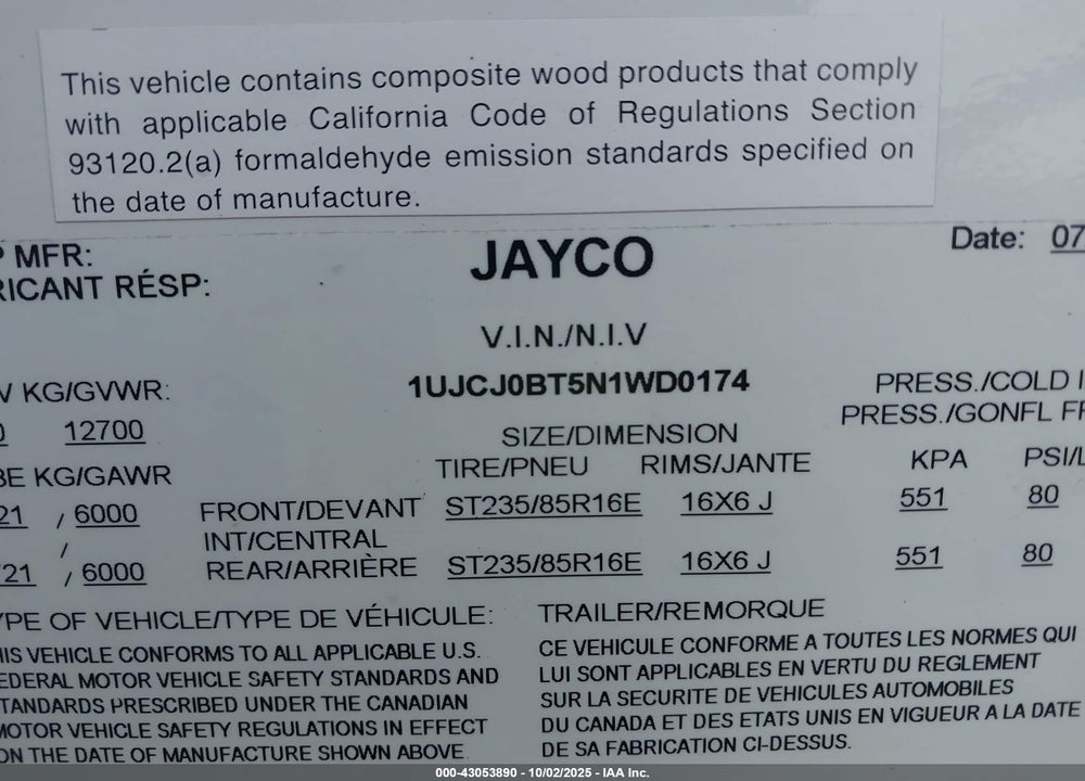 2022 JAYCO EAGLE 321RSTS VIN: 1UJCJ0BT5N1WD0174