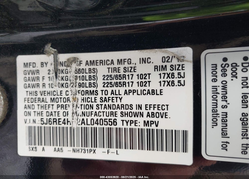 2010 HONDA CR-V VIN: 5J6RE4H32AL040556