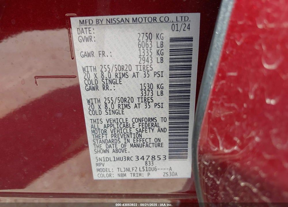2024 INFINITI QX60 VIN: 5N1DL1HU3RC347853