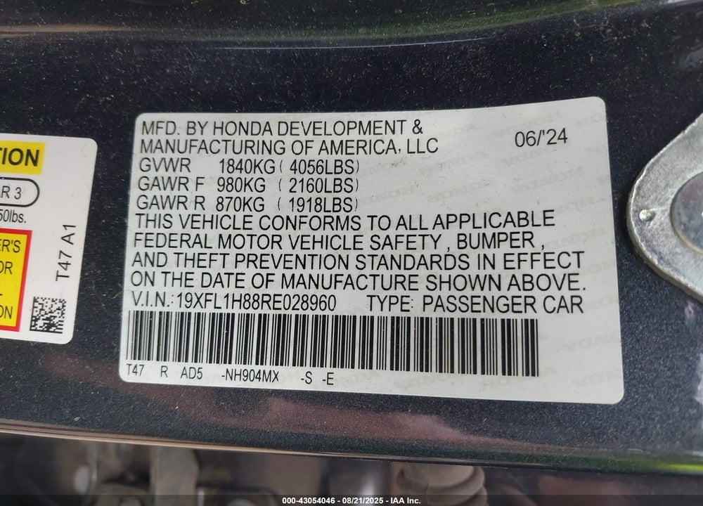2024 HONDA CIVIC VIN: 19XFL1H88RE028960