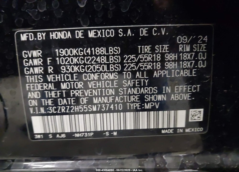 2025 HONDA HR-V AWD SPORT VIN: 3CZRZ2H55SM737410