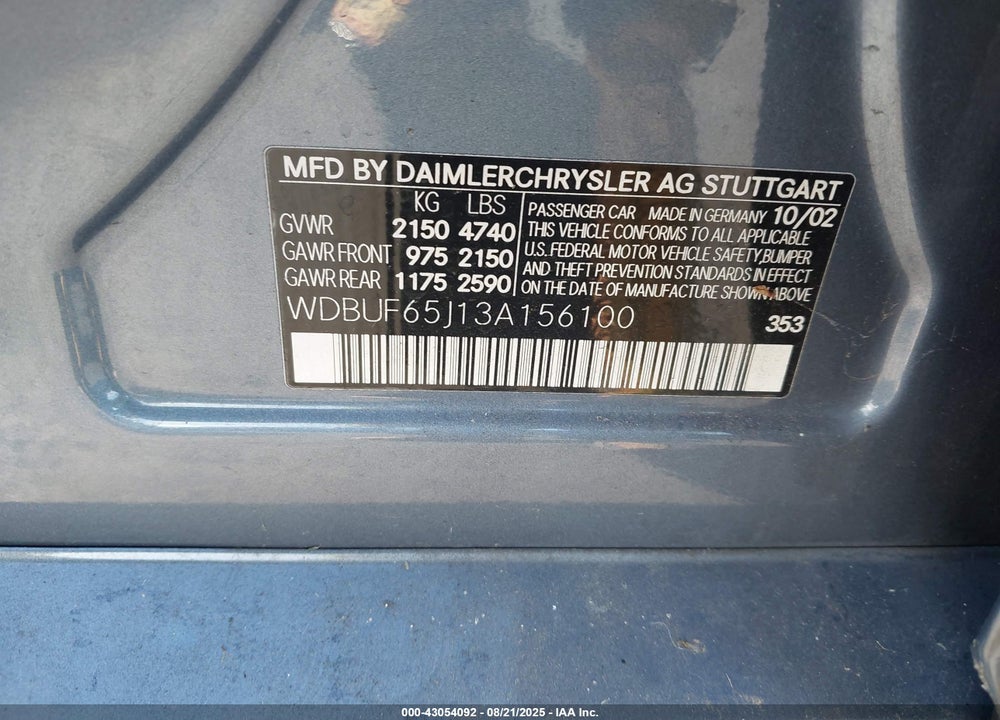 2003 MERCEDES-BENZ E 320 VIN: WDBUF65J13A156100