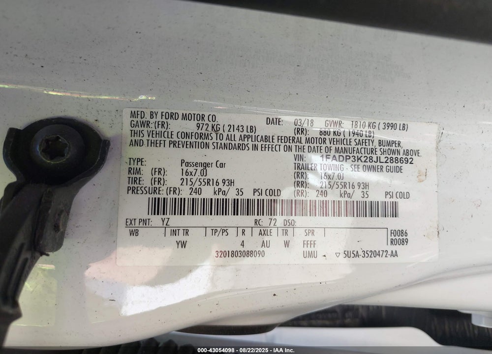 2018 FORD FOCUS VIN: 1FADP3K28JL288692