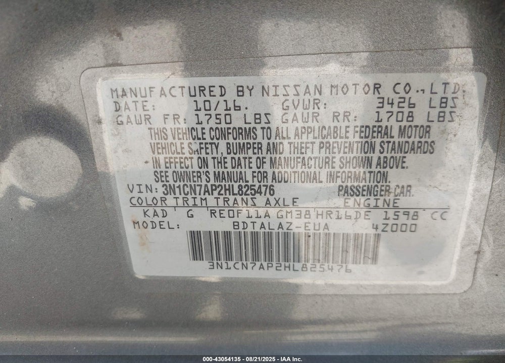2017 NISSAN VERSA 1.6 S+ VIN: 3N1CN7AP2HL825476