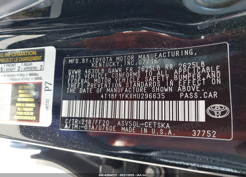 2017 TOYOTA CAMRY VIN: 4T1BF1FKXHU296635