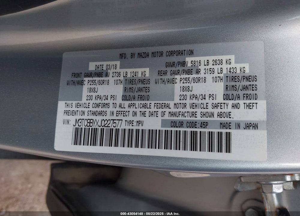 2018 MAZDA CX-9 VIN: JM3TCBBYXJ0227577