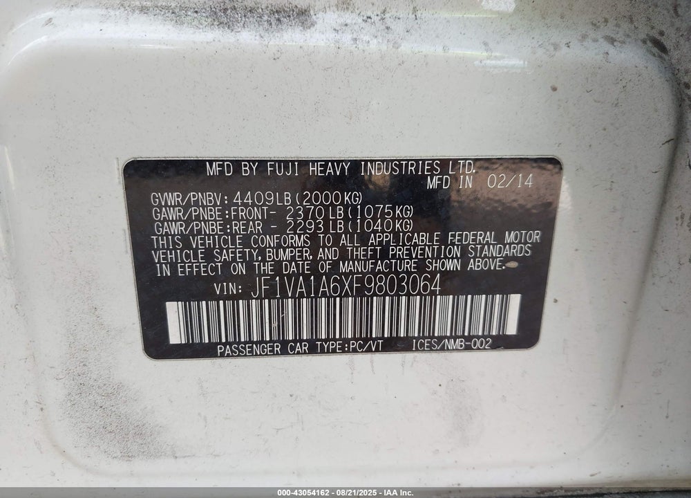 2015 SUBARU WRX VIN: JF1VA1A6XF9803064