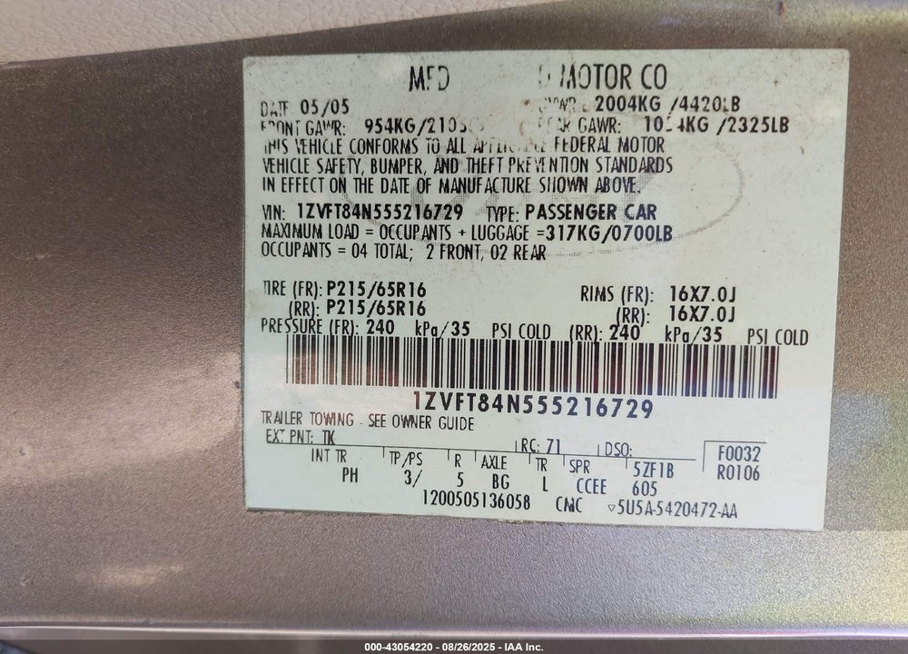 2005 FORD MUSTANG VIN: 1ZVFT84N555216729
