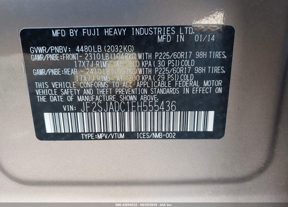 2014 SUBARU FORESTER 2.5I PREMIUM VIN: JF2SJADC1EH555436