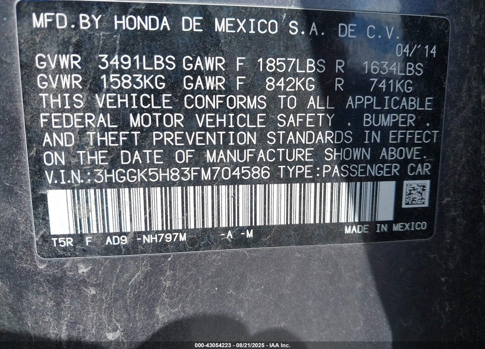 2015 HONDA FIT EX/EX-L VIN: 3HGGK5H83FM704586