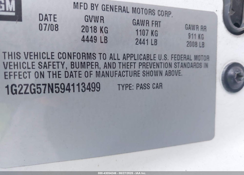 2009 PONTIAC G6 VIN: 1G2ZG57N594113499