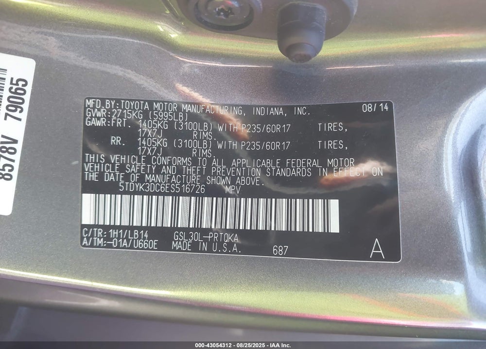 2014 TOYOTA SIENNA XLE V6 8 PASSENGER VIN: 5TDYK3DC6ES516726