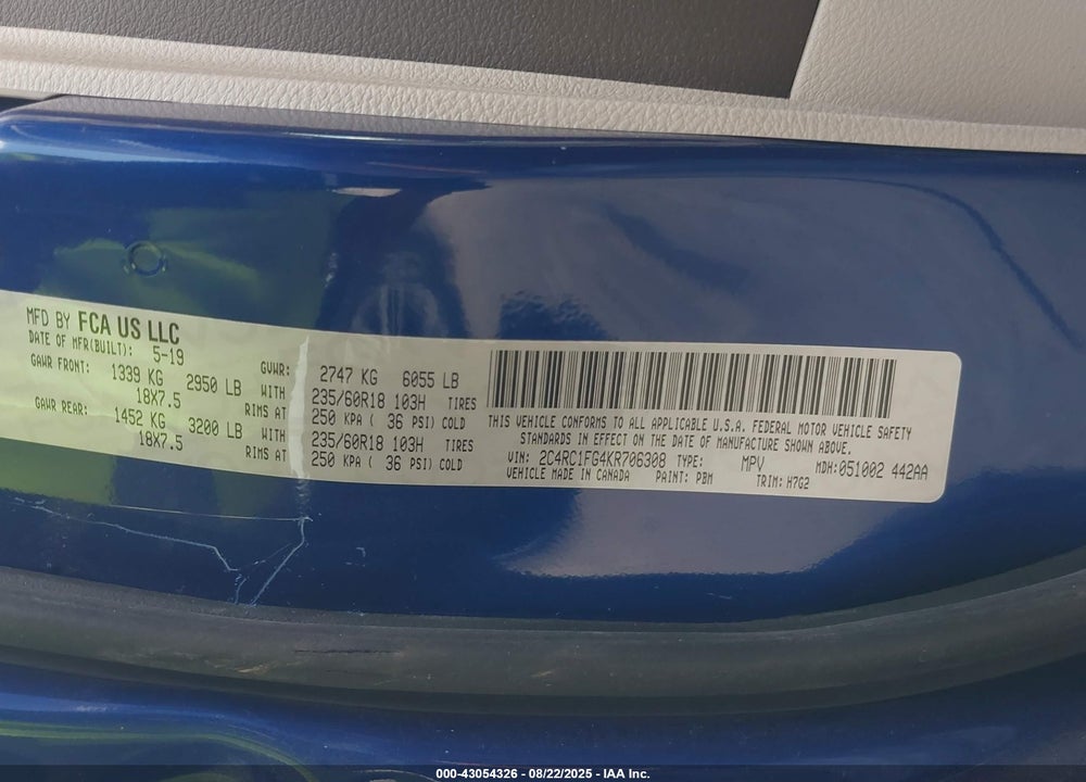 2019 CHRYSLER PACIFICA TOURING PLUS VIN: 2C4RC1FG4KR706308
