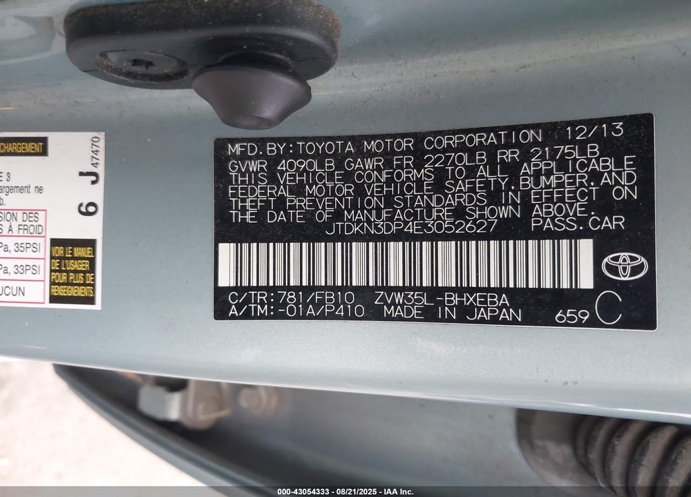 2014 TOYOTA PRIUS PLUG-IN VIN: JTDKN3DP4E3052627