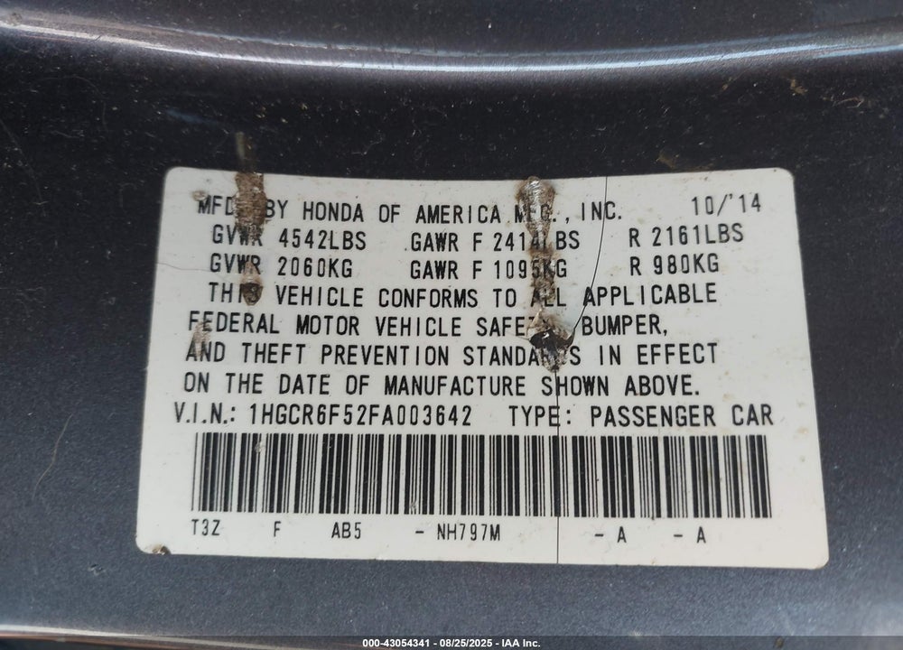 2015 HONDA ACCORD VIN: 1HGCR6F52FA003642