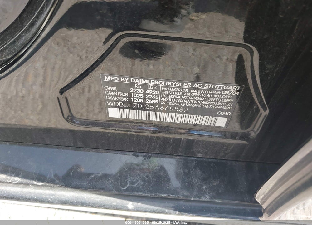 2005 MERCEDES-BENZ E 500 VIN: WDBUF70J25A669582