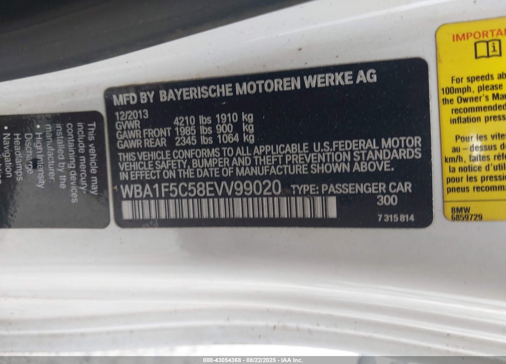 2014 BMW 2 SERIES VIN: WBA1F5C58EVV99020