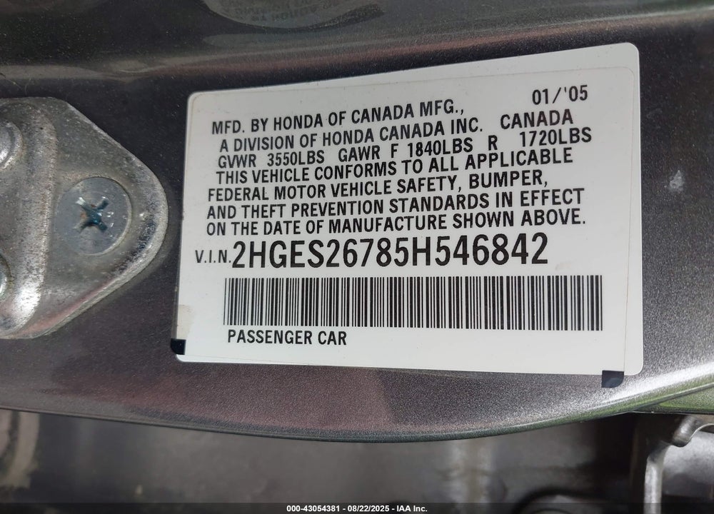 2005 HONDA CIVIC EX VIN: 2HGES26785H546842