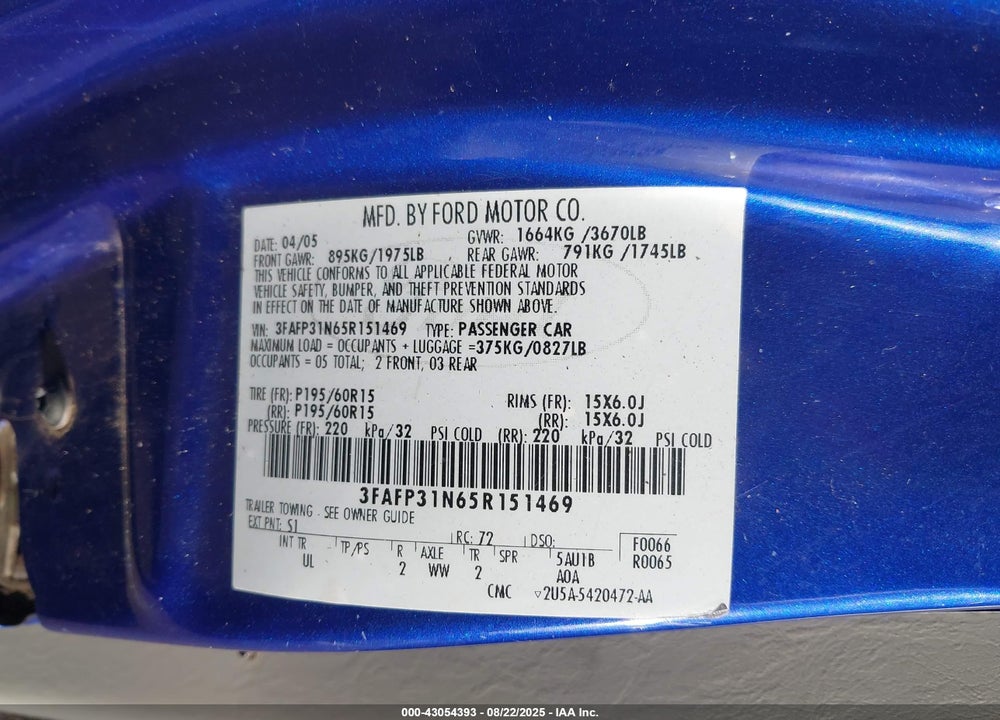 2005 FORD FOCUS ZX3 VIN: 3FAFP31N65R151469