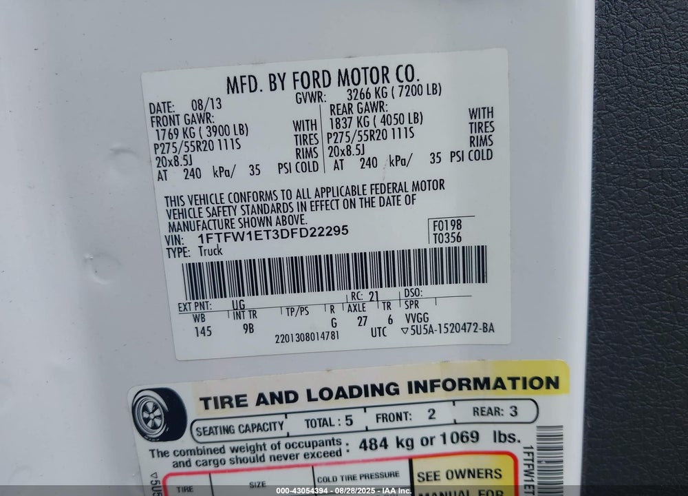 2013 FORD F-150 VIN: 1FTFW1ET3DFD22295