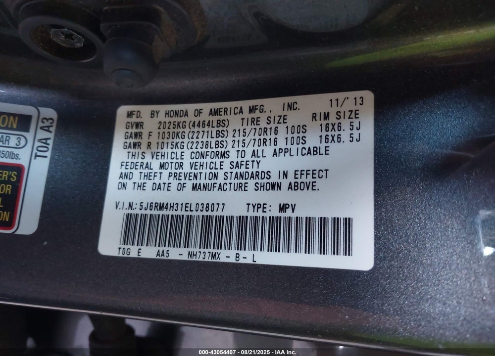 2014 HONDA CR-V VIN: 5J6RM4H31EL038077